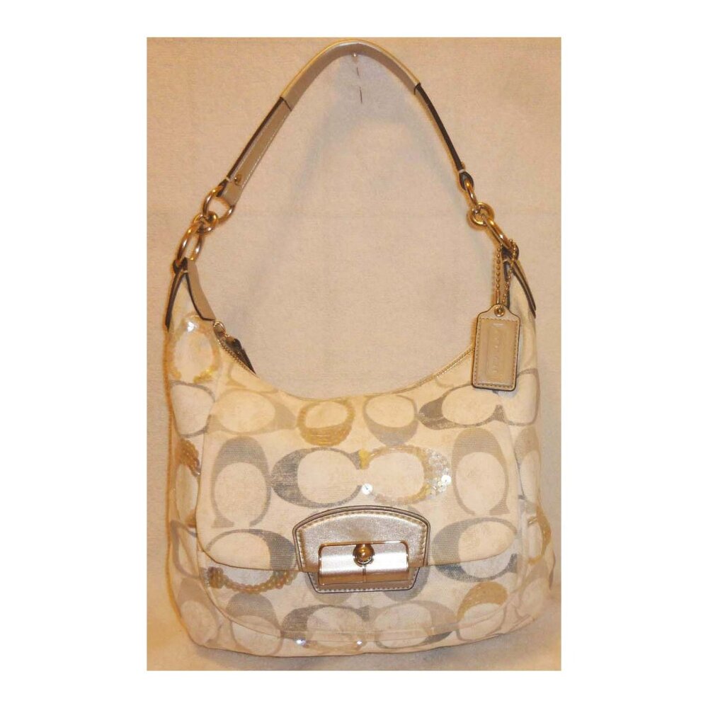 COACH LARGE BEIGE/GRAY MONOGRAM JACQUARD SHOULDER HANDBAG